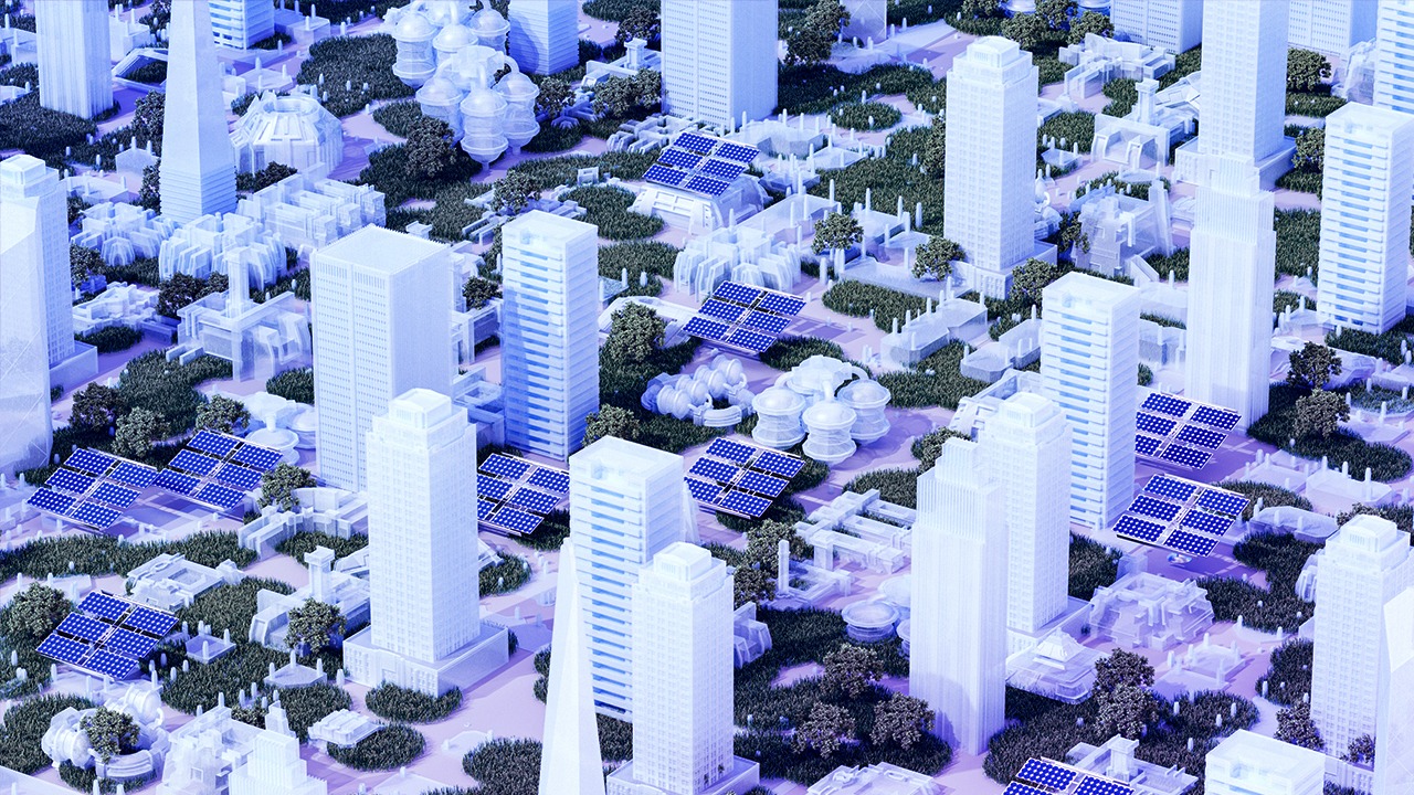 futuristic cityscape blending sleek architecture, lush green spaces, and solar technology—envisioning a sustainable urban future